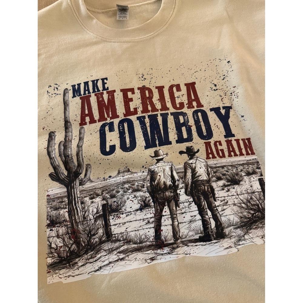 Gildan Cream Make America Cowboy Again Graphic Sweatshirt Red Navy Western M